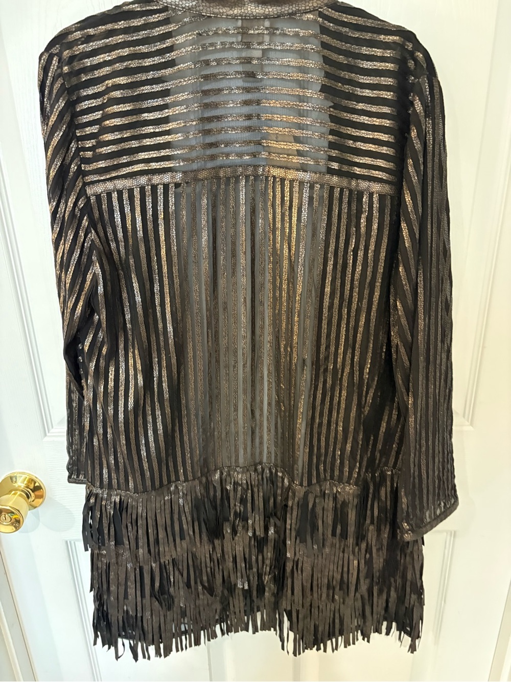 Chico's Black Sheer Stripe Metallic Fringe Duster - Picture 4 of 5